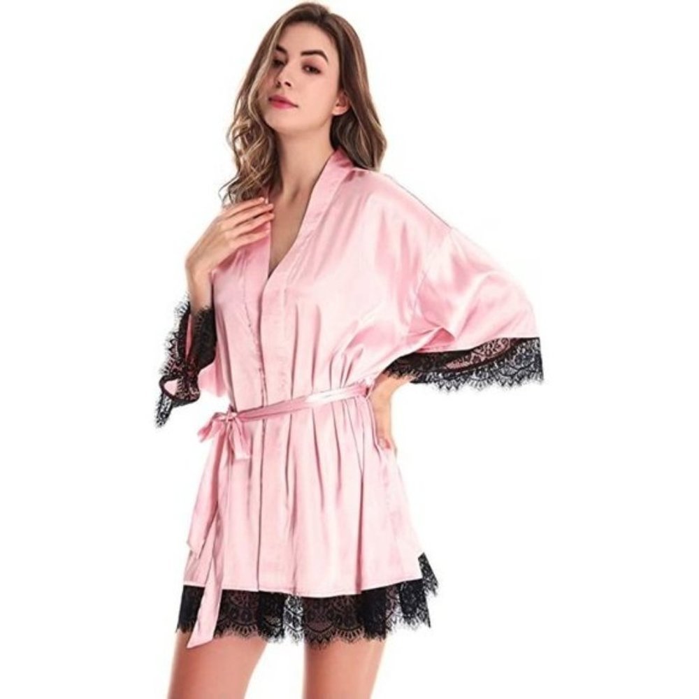NWT Silk Kimono Summer Robe with‎ Lace Navy Pink XXL